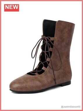Faux Leather Lace Up Ankle Boots Flat Gothic Medieval Combat Booties